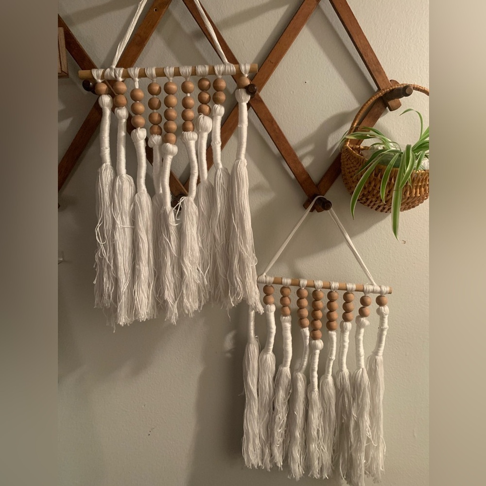 Macrame Boho Cottagecore Wood Bead Wall Hangings - Set of 2